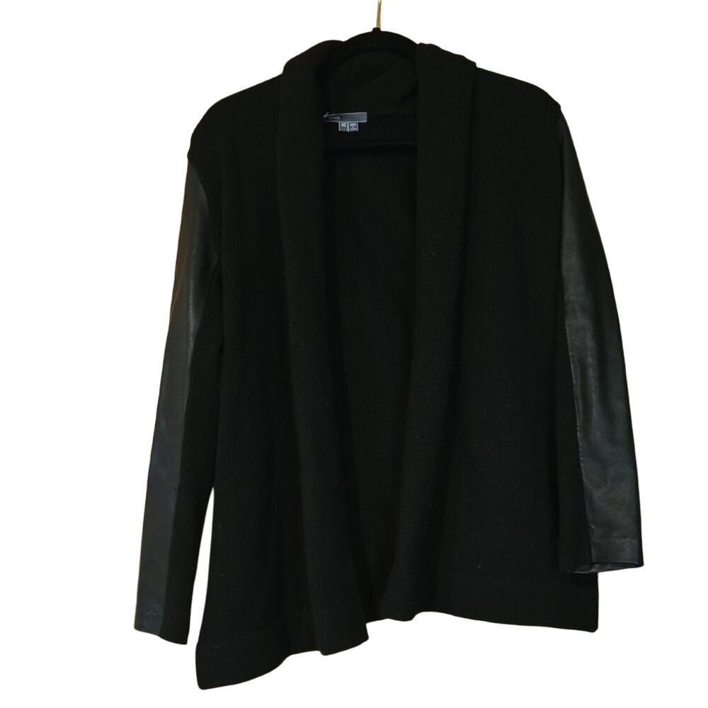 Vince Black Wool Yak Lamb Leather Sleeve Open Front Cardigan XS